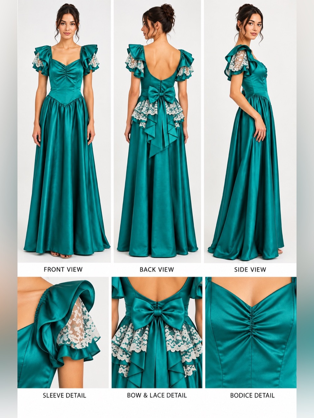 Vintage Teal Satin Formal Gown Size 12 Lace Ruffle Bow Made USA